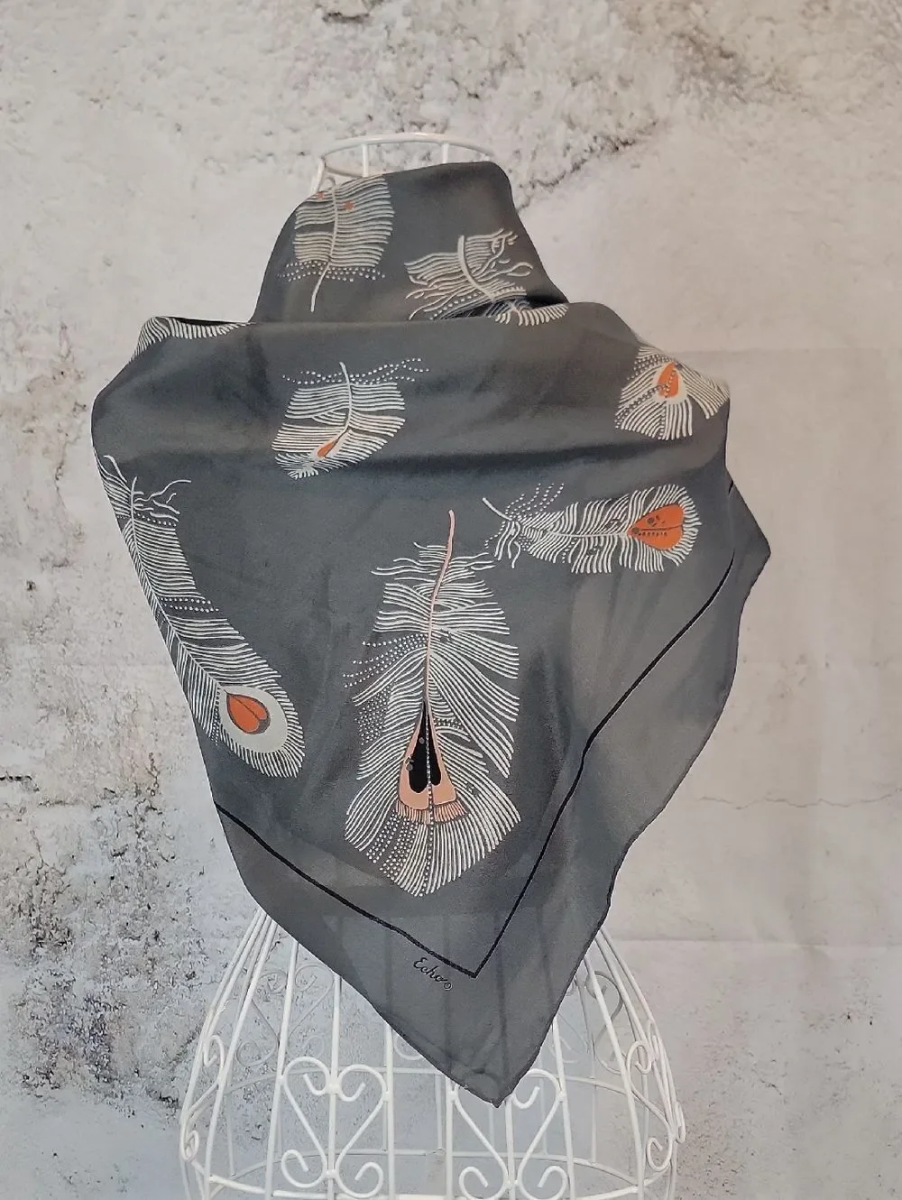 Echo Silk Feather Print Square Scarf in Gray and Peach 31